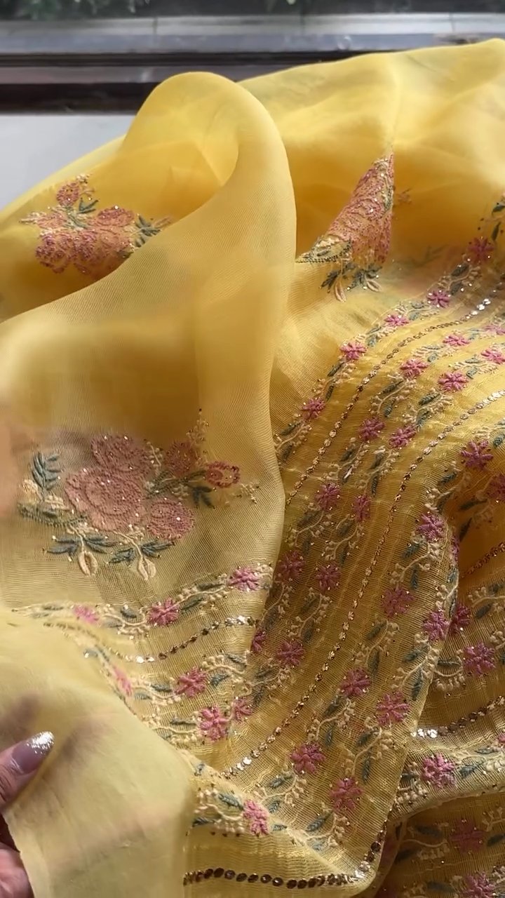 Beight Yellow Net Organza Chikankari Saree With Mukaish Kamdani