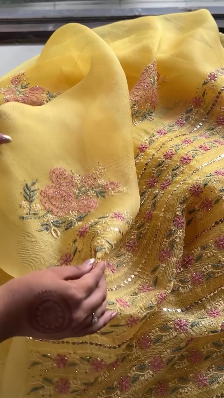 Beight Yellow Net Organza Chikankari Saree With Mukaish Kamdani