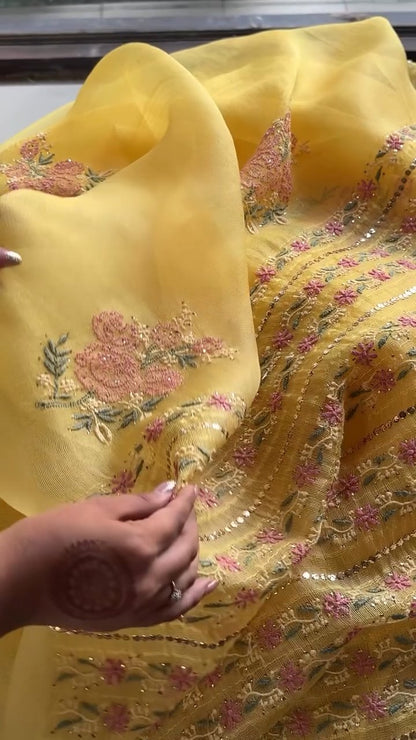 Beight Yellow Net Organza Chikankari Saree With Mukaish Kamdani