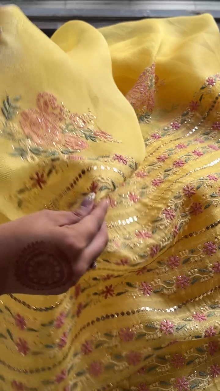 Beight Yellow Net Organza Chikankari Saree With Mukaish Kamdani