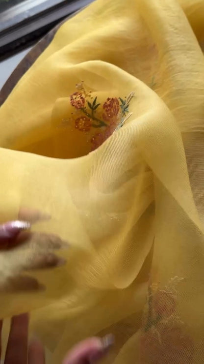 Beight Yellow Net Organza Chikankari Saree With Mukaish Kamdani