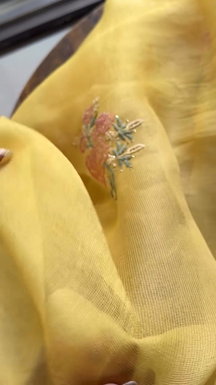 Beight Yellow Net Organza Chikankari Saree With Mukaish Kamdani