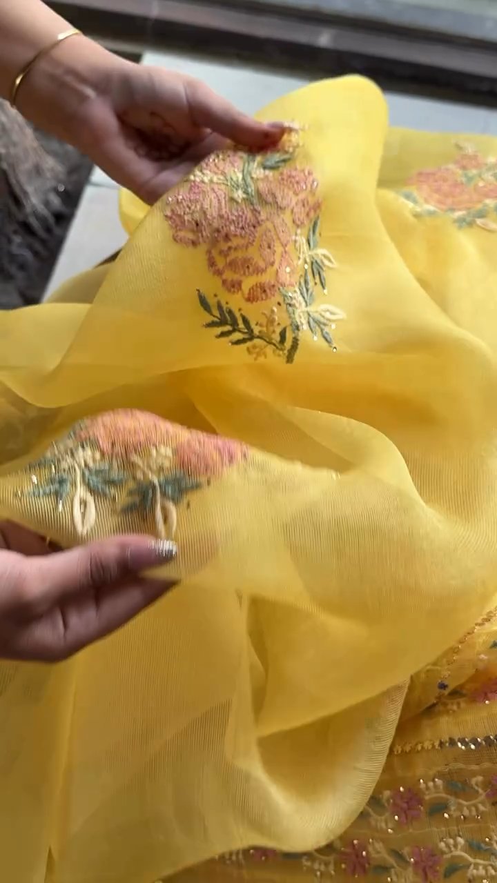 Beight Yellow Net Organza Chikankari Saree With Mukaish Kamdani
