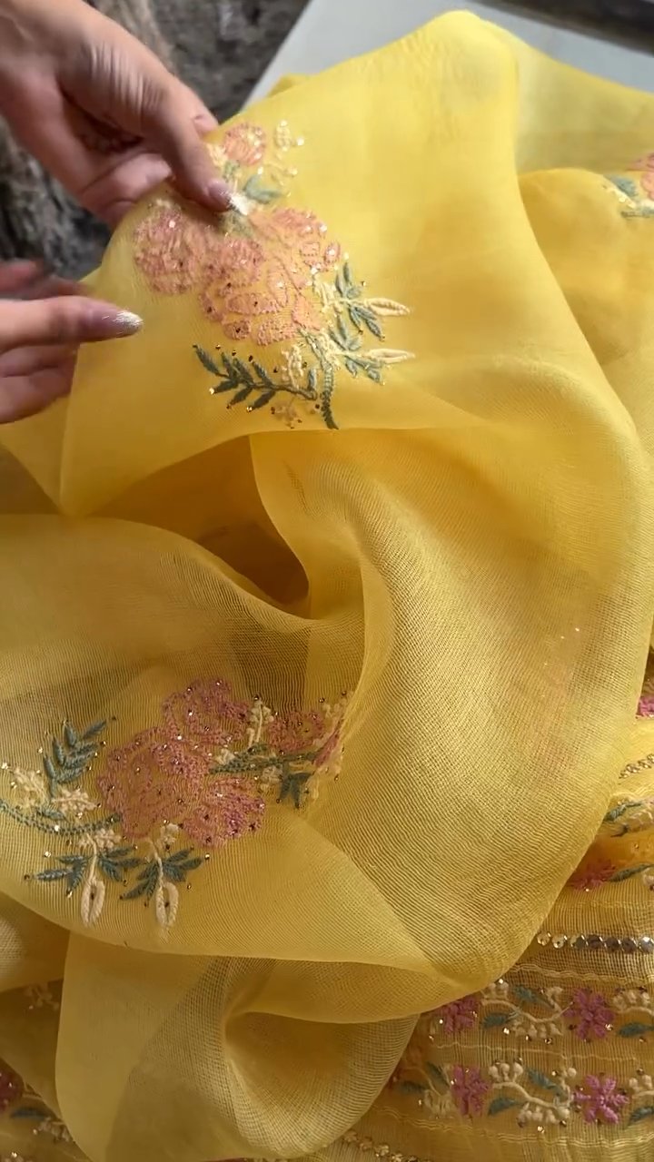 Beight Yellow Net Organza Chikankari Saree With Mukaish Kamdani
