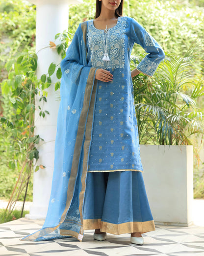 Blue Banarasi Zari Chanderi Chikankari Sharara Set