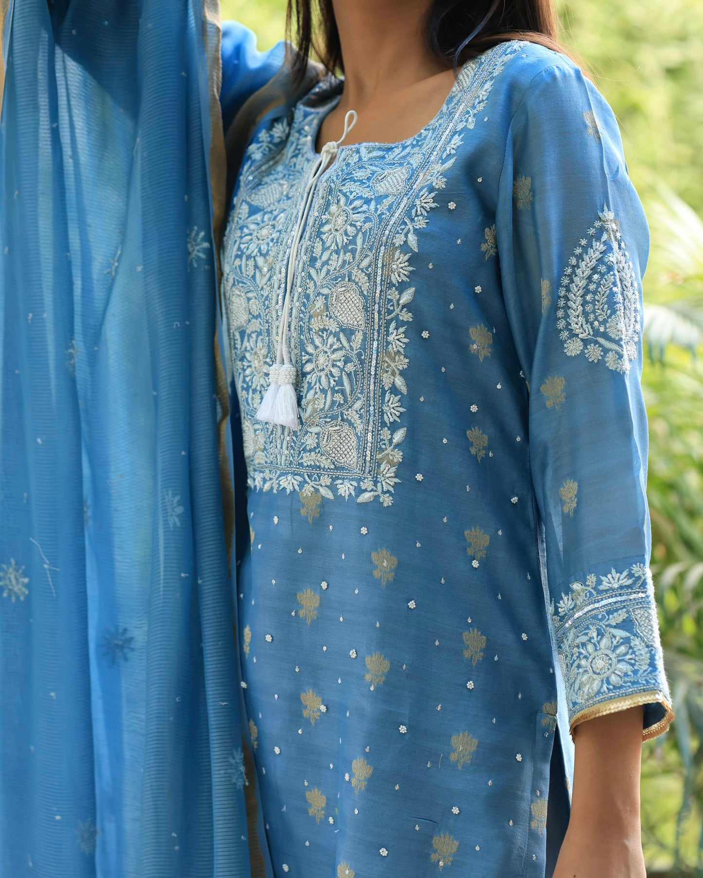 Blue Banarasi Zari Chanderi Chikankari Sharara Set
