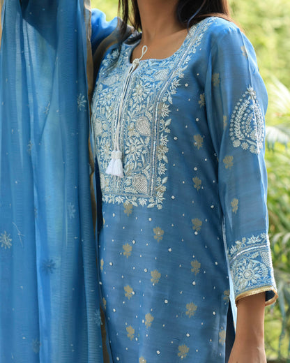 Blue Banarasi Zari Chanderi Chikankari Sharara Set