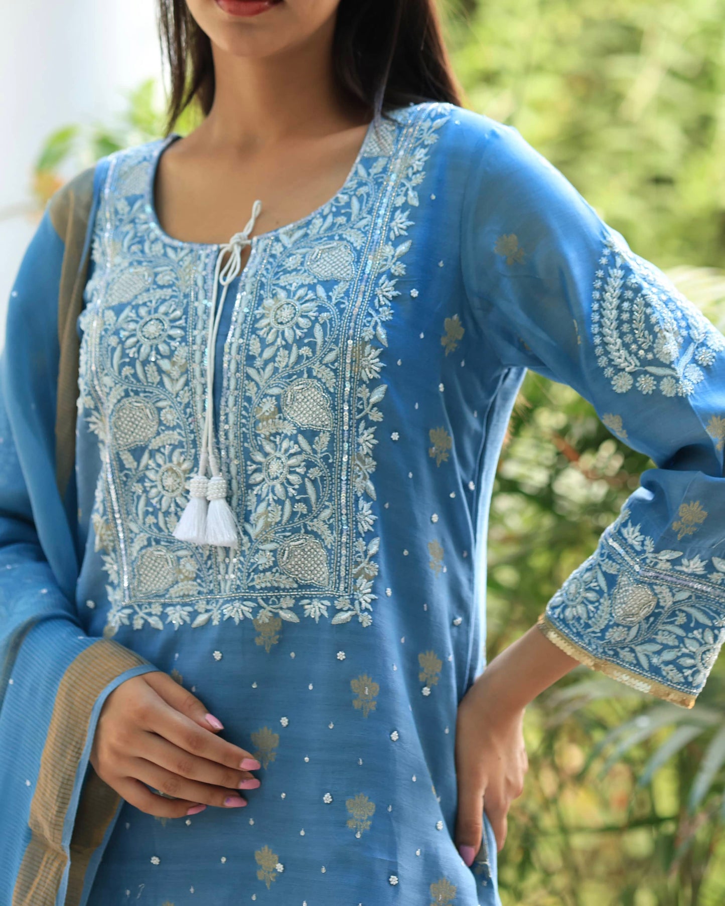 Blue Banarasi Zari Chanderi Chikankari Sharara Set