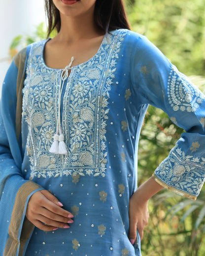 Blue Banarasi Zari Chanderi Chikankari Sharara Set