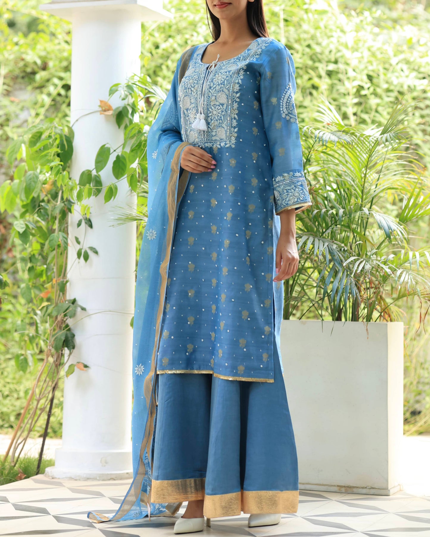 Blue Banarasi Zari Chanderi Chikankari Sharara Set