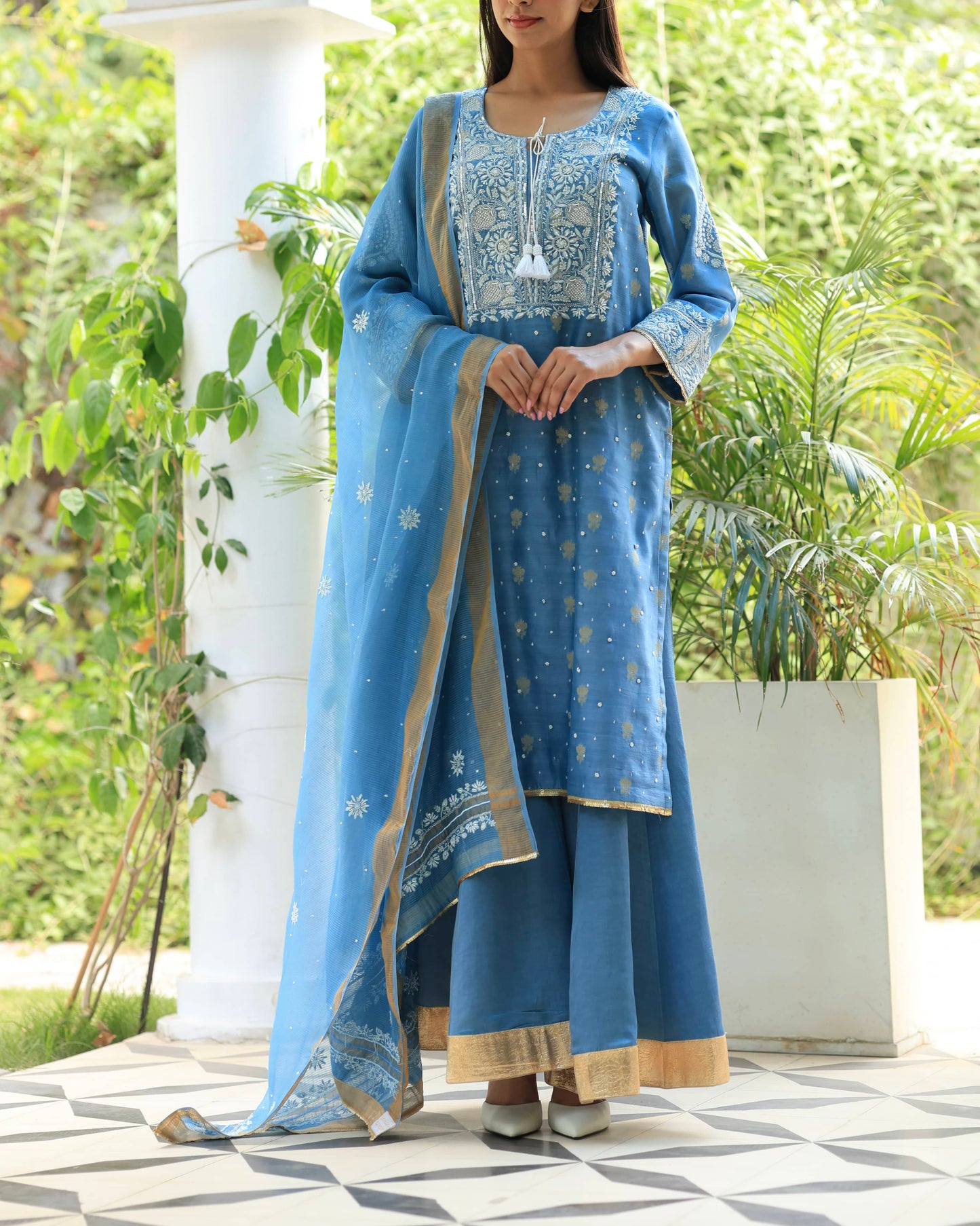 Blue Banarasi Zari Chanderi Chikankari Sharara Set