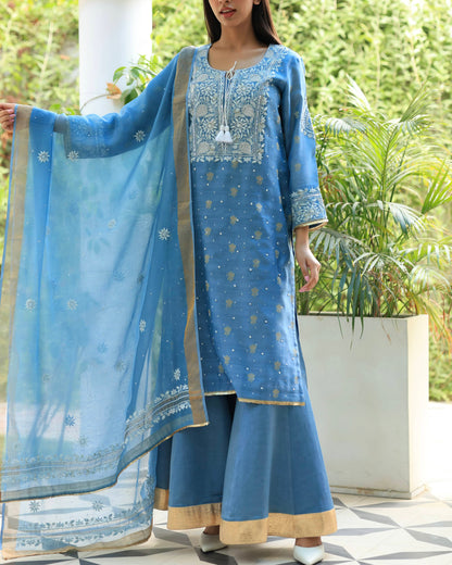 Blue Banarasi Zari Chanderi Chikankari Sharara Set