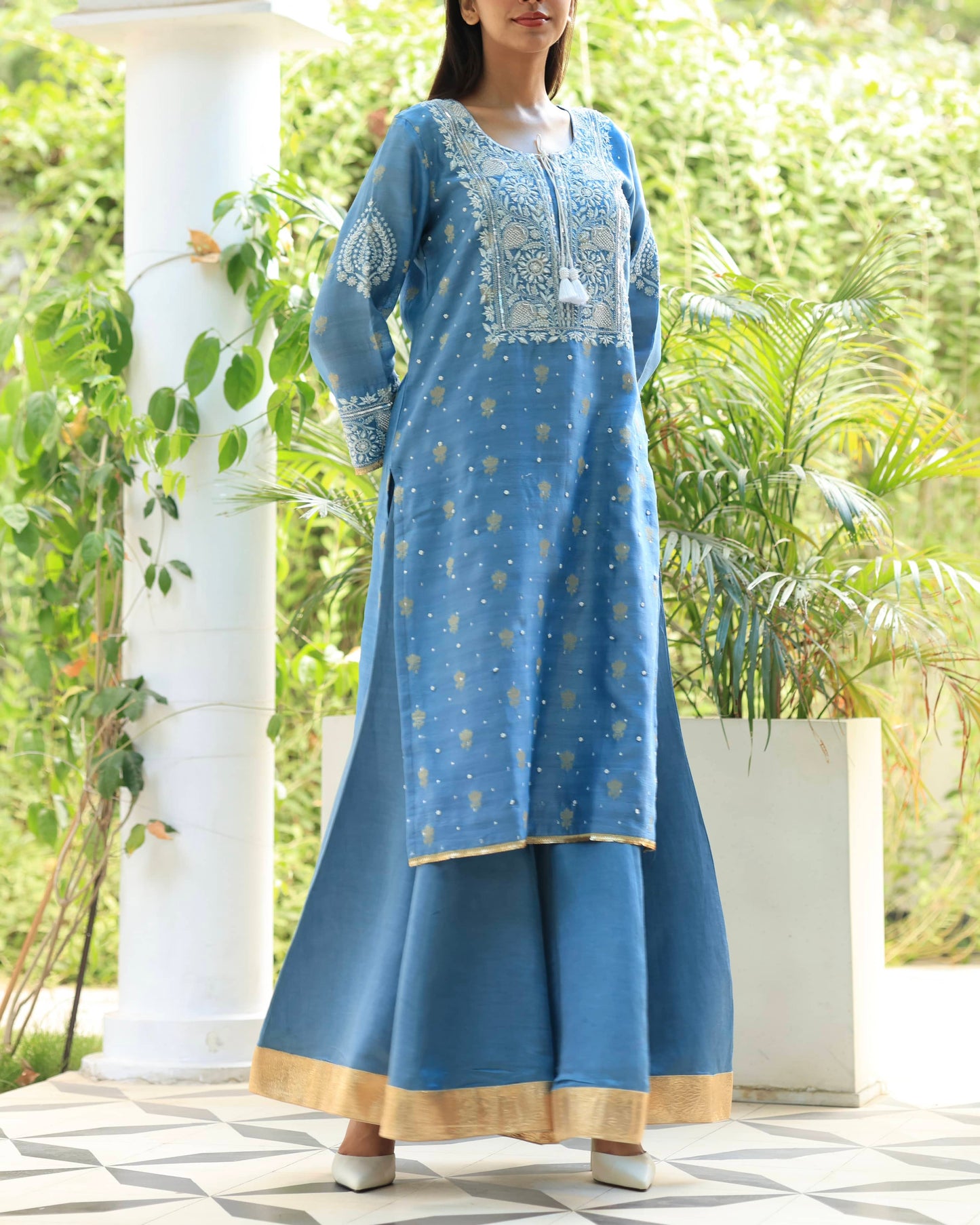 Blue Banarasi Zari Chanderi Chikankari Sharara Set