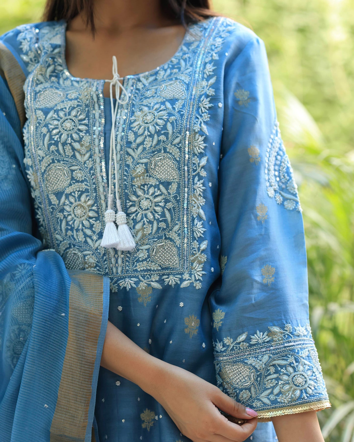 Blue Banarasi Zari Chanderi Chikankari Sharara Set