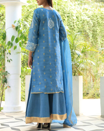 Blue Banarasi Zari Chanderi Chikankari Sharara Set