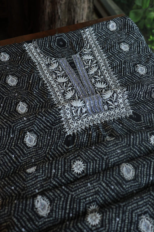 Black Muslin Chikankari Unstitched Women's Kurta Fabric