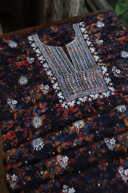 Black Multi Muslin Chikankari Kurta Fabric