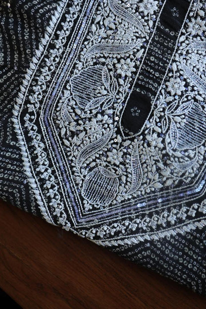 Black Muslin Floral Chikankari Kurta Fabric