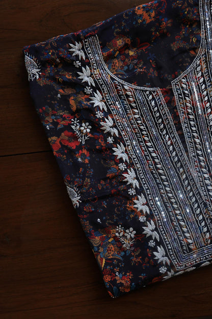 Black Multi Muslin Chikankari Kurta Fabric