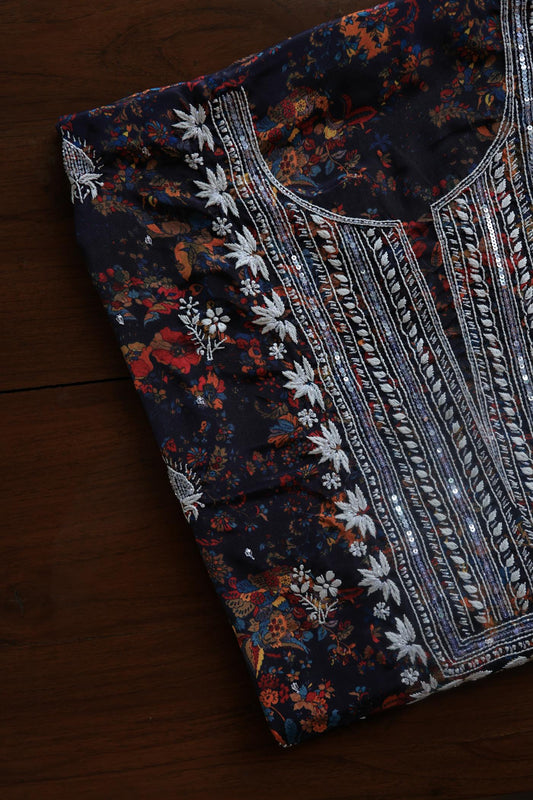 Black Multi Muslin Chikankari Kurta Fabric