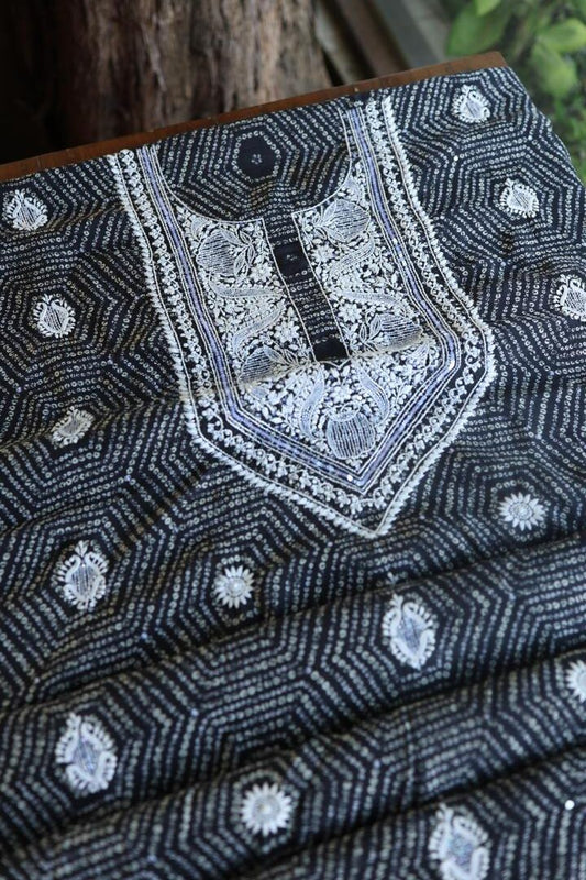 Black Muslin Floral Chikankari Kurta Fabric