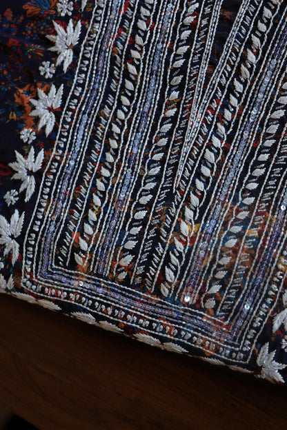 Black Multi Muslin Chikankari Kurta Fabric