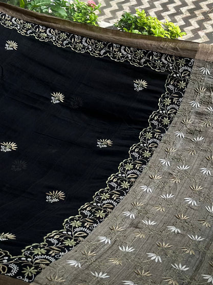 Black Silk Gheecha Palla Kota Chikankari Saree
