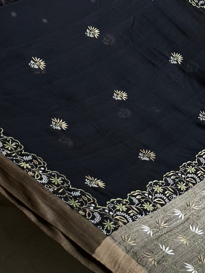 Black Silk Gheecha Palla Kota Chikankari Saree