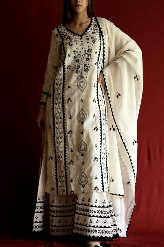 Black & White Applique Work With Fine Chikankari Ready to Wear Kurta