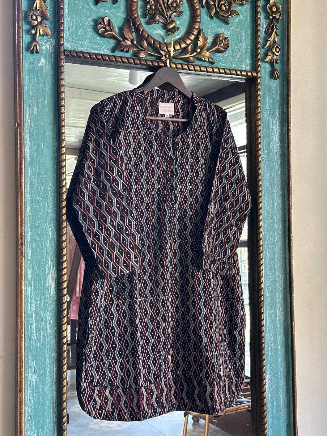 Black Ajrak Multi Shade Cotton Short Kurta