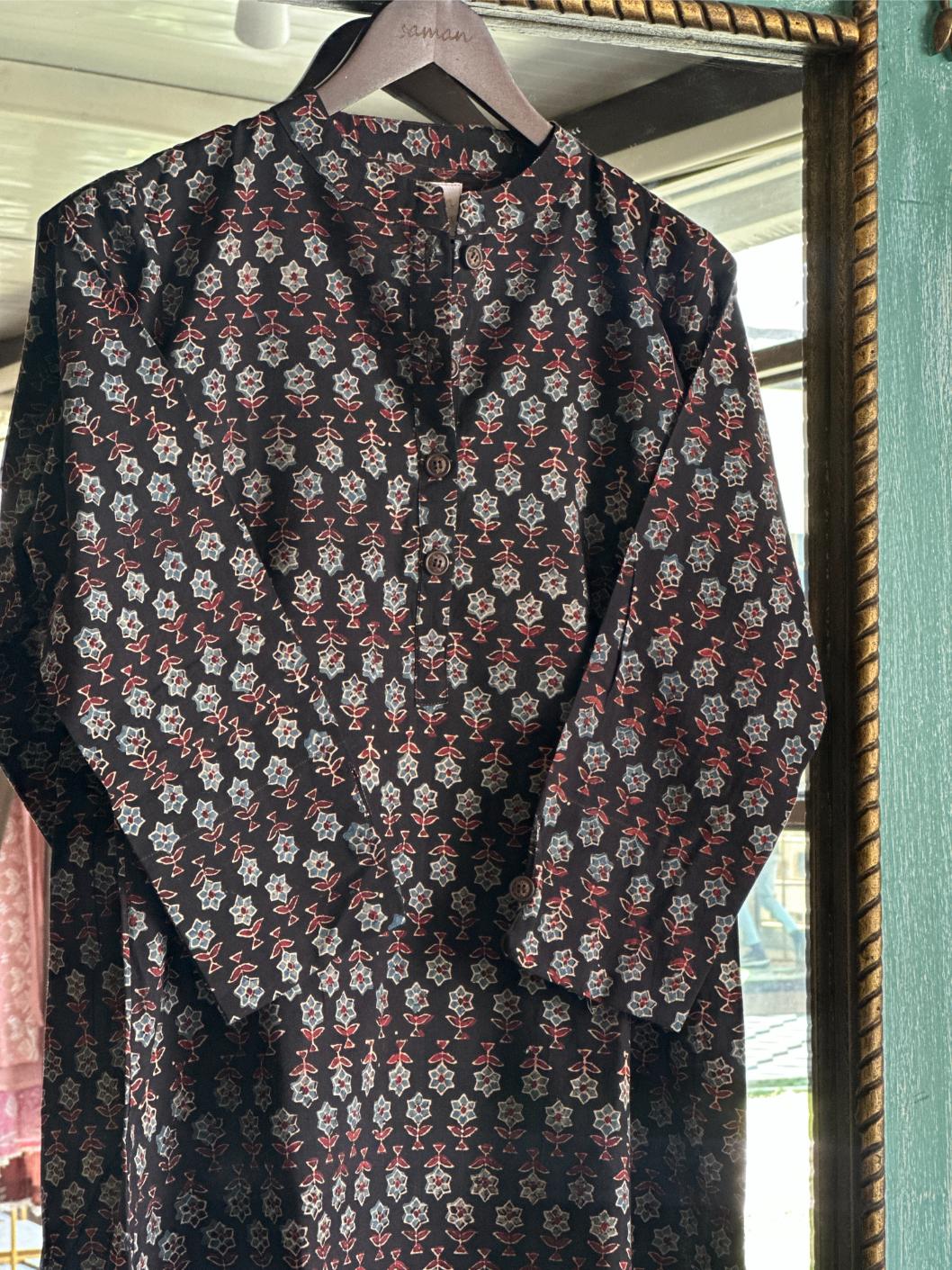 Black Ajrak Multi Shade Cotton Short Kurta