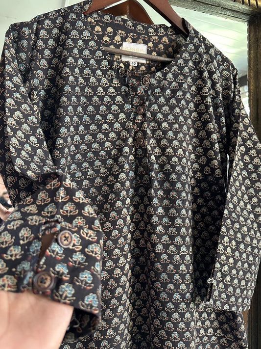 Black Ajrak Multi Shade Cotton Short Kurta