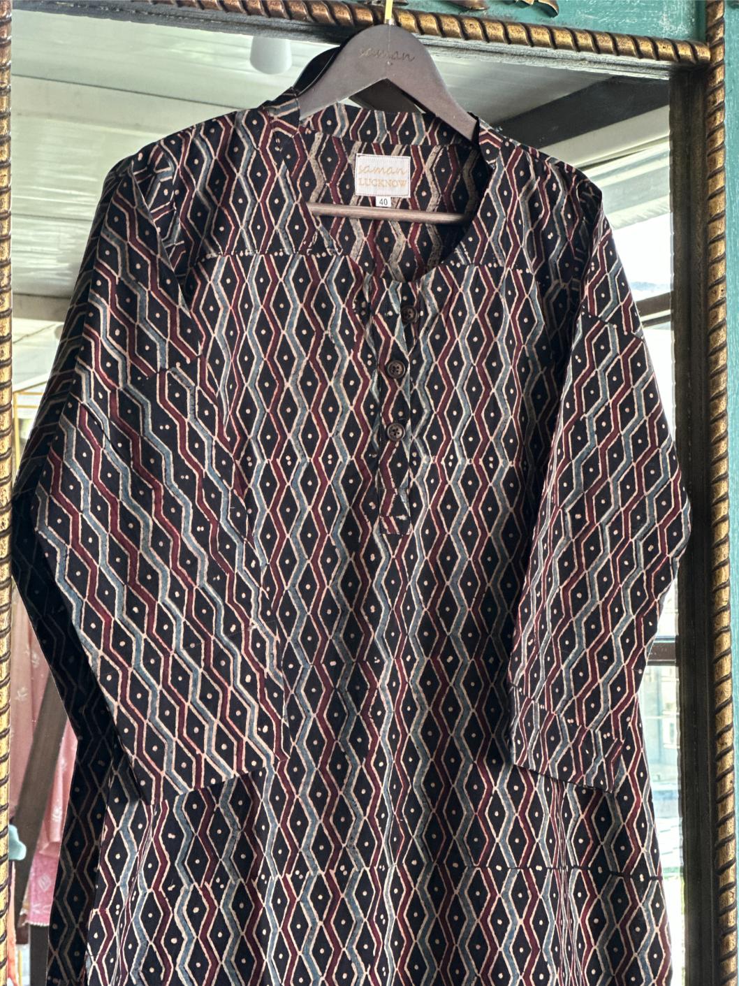 Black Ajrak Multi Shade Cotton Short Kurta