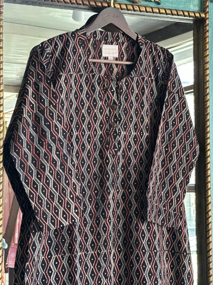 Black Ajrak Multi Shade Cotton Short Kurta