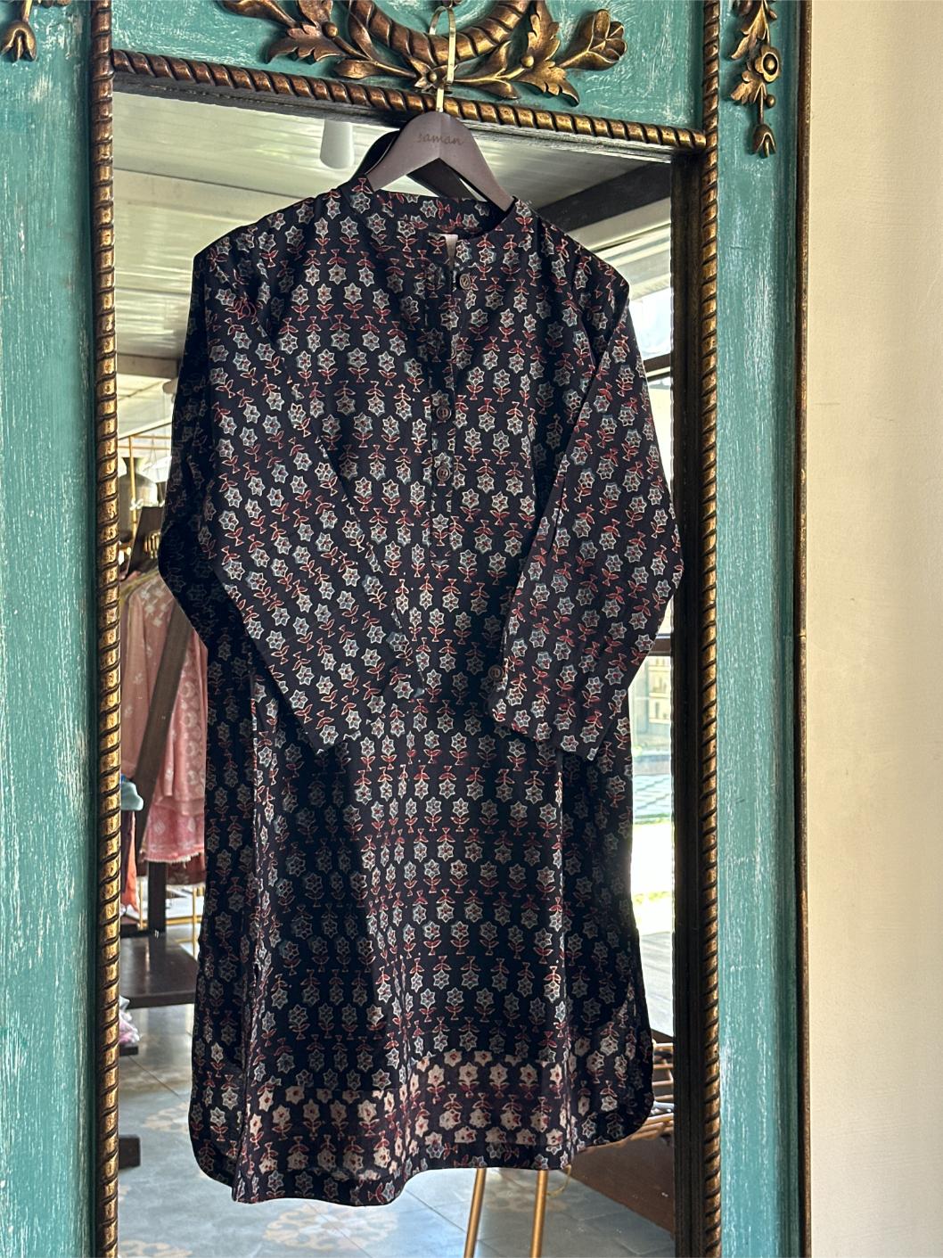 Black Ajrak Multi Shade Cotton Short Kurta