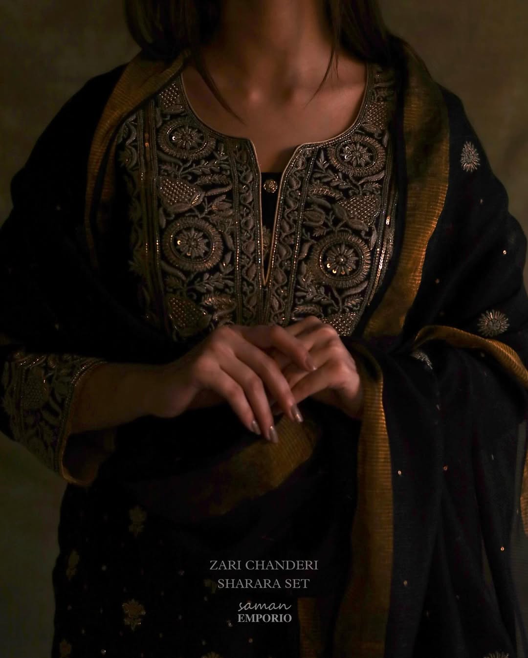 Black Banarasi Zari Chanderi Chikankari Sharara Set