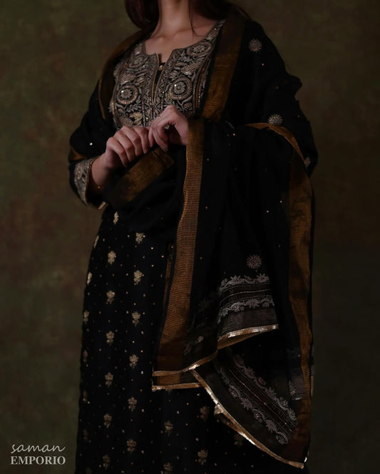 Black Banarasi Zari Chanderi Chikankari Sharara Set