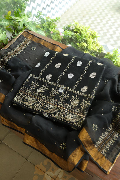 Black Banarasi Zari Chanderi Unstitched Chikankari Fabric