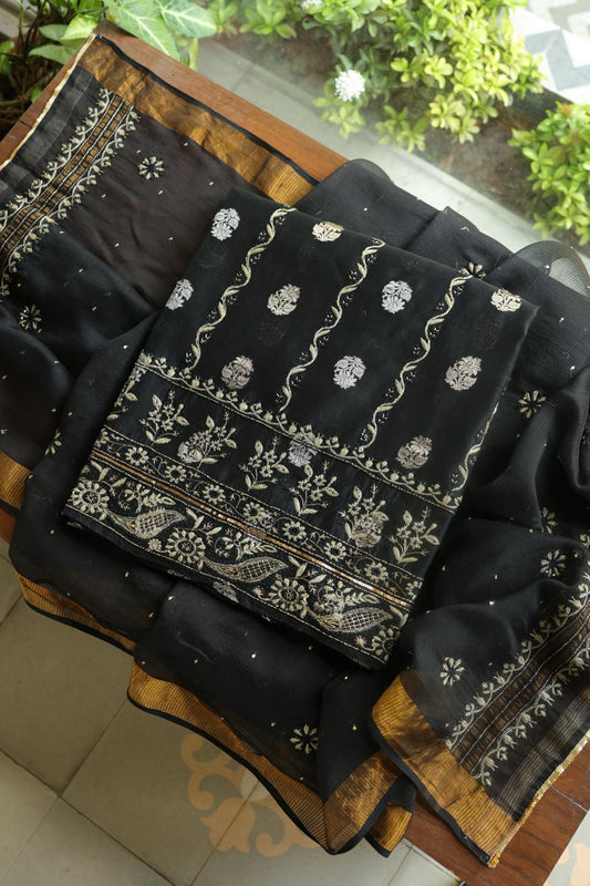 Black Banarasi Zari Chanderi Unstitched Chikankari Fabric