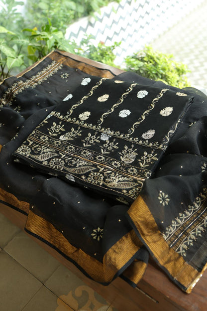Black Banarasi Zari Chanderi Unstitched Chikankari Fabric