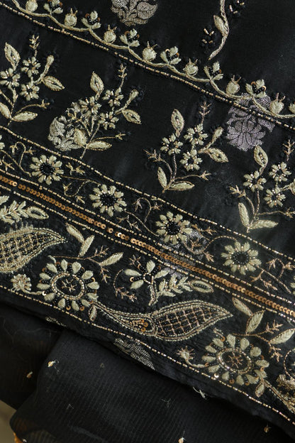Black Banarasi Zari Chanderi Unstitched Chikankari Fabric
