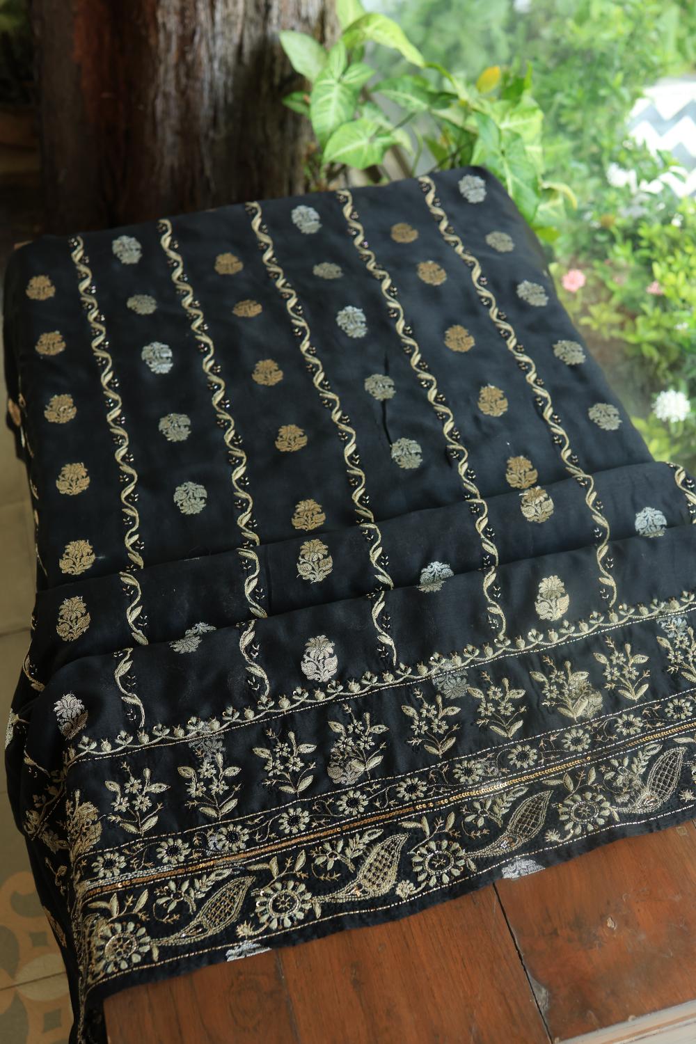 Black Banarasi Zari Chanderi Unstitched Chikankari Fabric