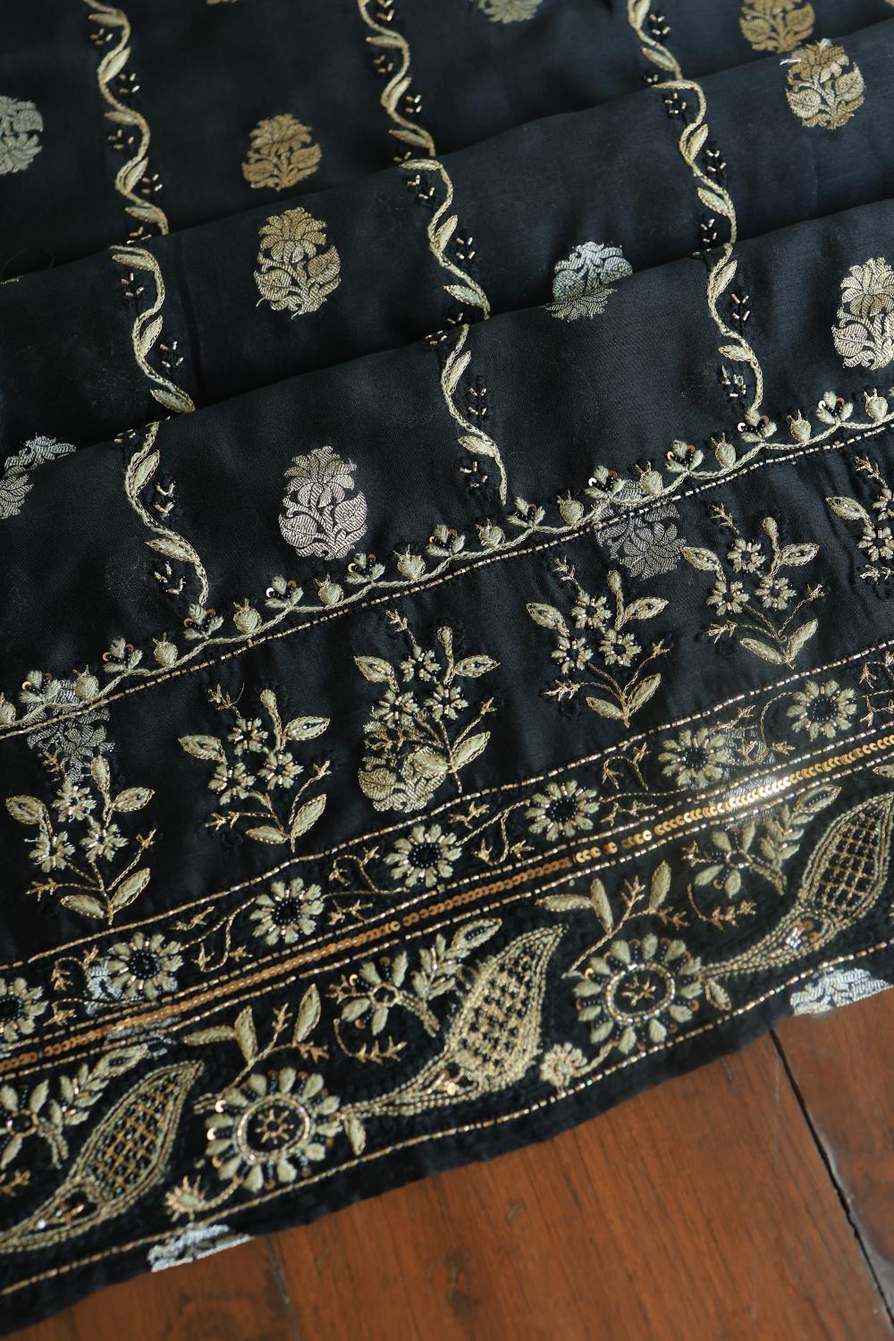 Black Banarasi Zari Chanderi Unstitched Chikankari Fabric