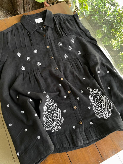 Black Embroidered Malmal Shirt