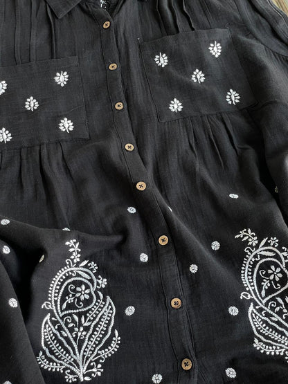 Black Embroidered Malmal Shirt