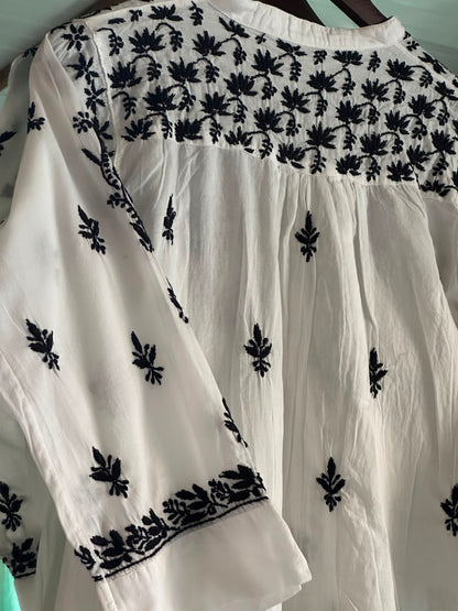 Black Floral Embroidered Cotton Top