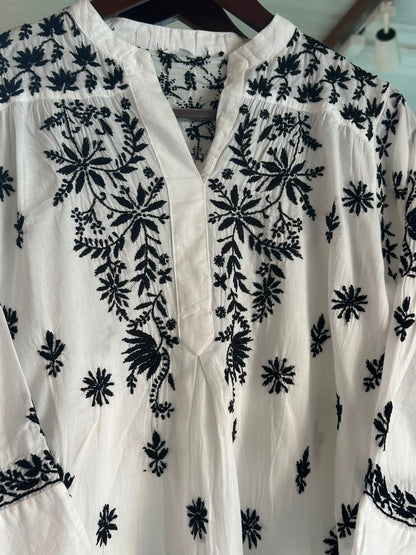 Black Floral Embroidered Cotton Top