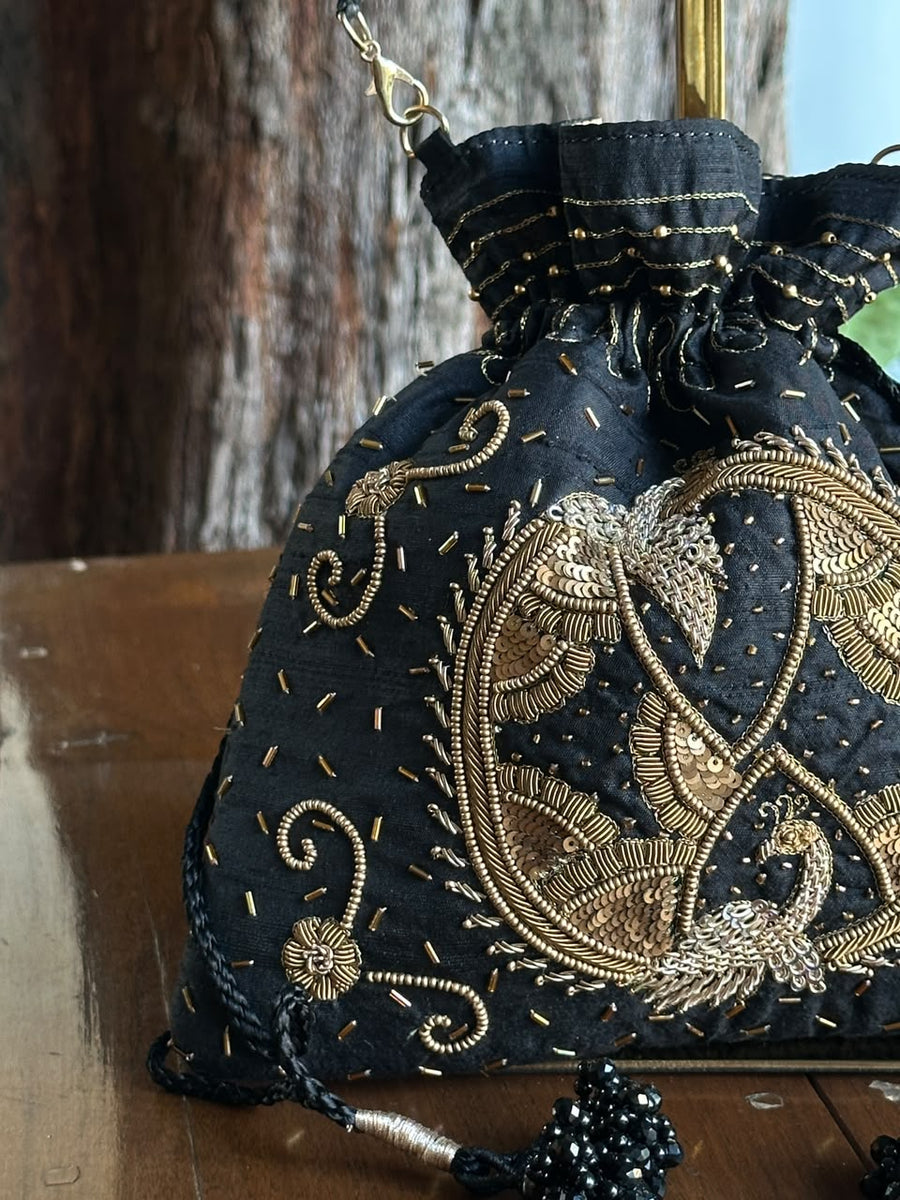 Black Gold Raw Silk Zardosi Polti Bags