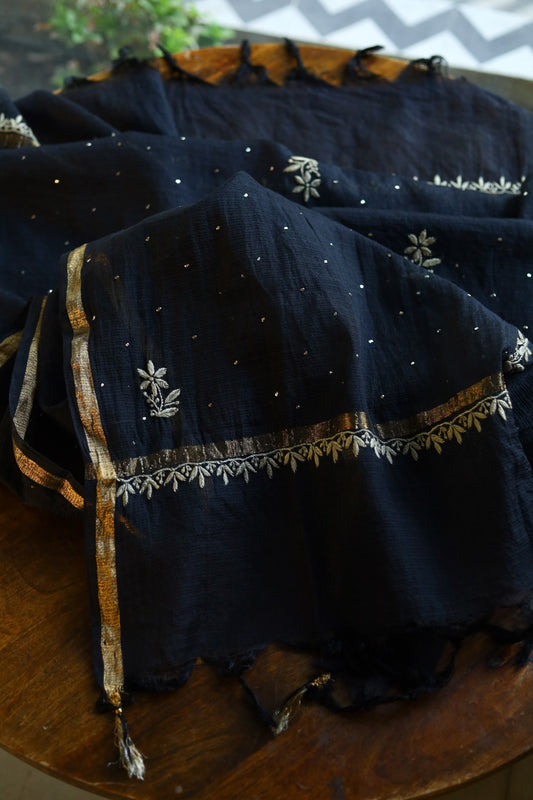 Black Kota Chikankari Mukaish Kamdani Dupatta With Tissue Border