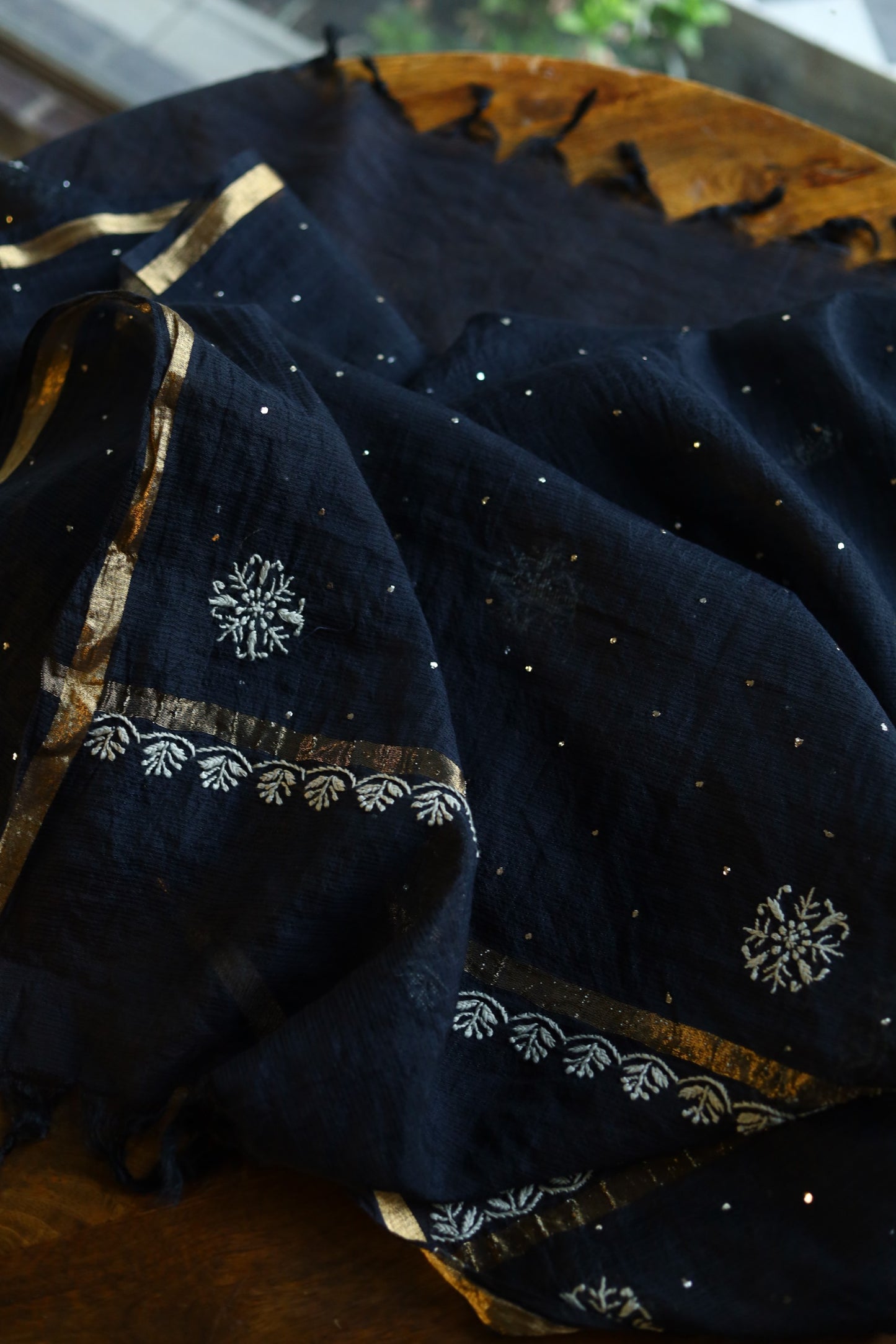 Black Kota Chikankari Mukaish Kamdani Dupatta With Tissue Border